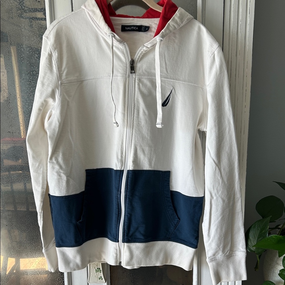 Nautica White Hoodie with Navy Pocket Panel and Red Hood Lining